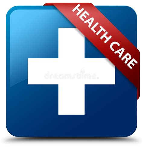 Health Care Plus Sign Blue Square Button Red Ribbon In Corner Stock