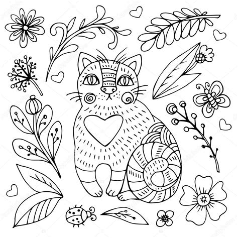 Hand Drawn Vector Doodle Cat Sketch Adult Antistress Coloring Page
