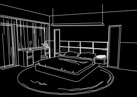 Architectural Sketch Interior Modern Bedroom Black Background Stock