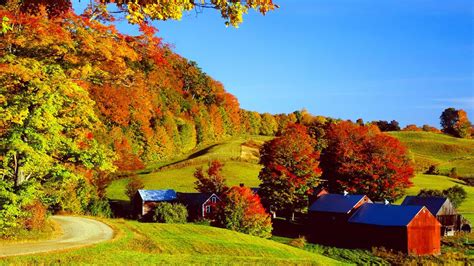 Colorful Autumn Trees Covered Village On Slope Hills Hd Nature