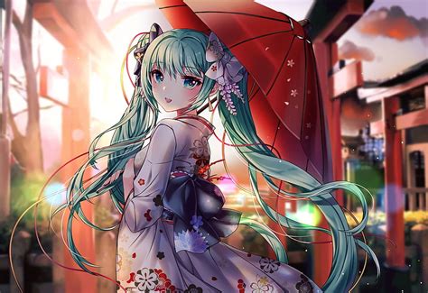 Vocaloid Hatsune Miku Kimono Umbrella Shrine Anime Hd Wallpaper