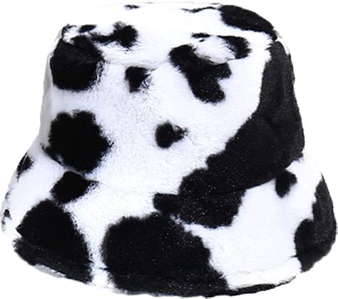 Elibeauty Cow Print Bucket Hat For Women Cute Pattern Faux Fur Cap For