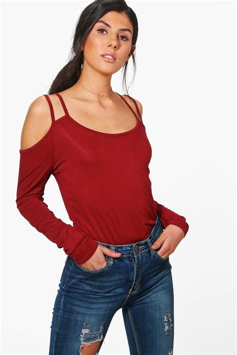 boohoo womens mila long sleeve cold shoulder strappy top