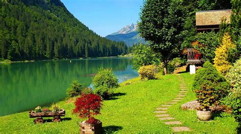 A Peaceful Place Shore House Mountains Forests Lake Hd Wallpaper