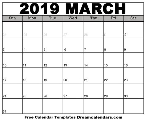 Monthly calendar for the month march in year 2019. March 2019 calendar | free blank printable templates