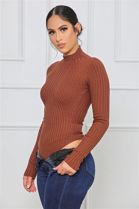 The Classic Ribbed Turtleneck Bodysuit Brown Lillys Kloset
