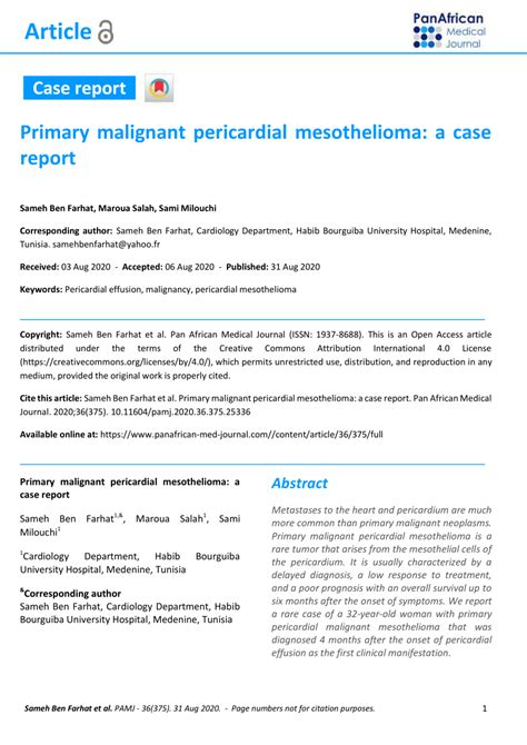Pdf Primary Malignant Pericardial Mesothelioma A Case Report