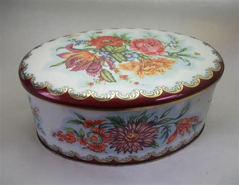 Vintage Daher Oval Tin Made In England 6 Inch Long Floral Tin White