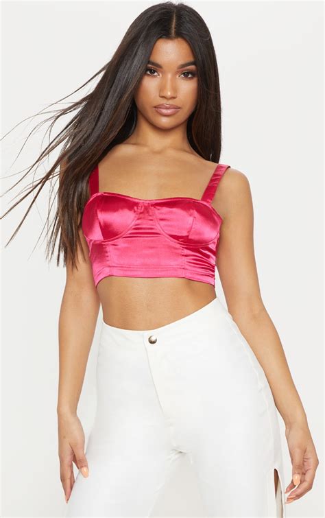 Hot Pink Satin Cup Crop Top Tops Prettylittlething