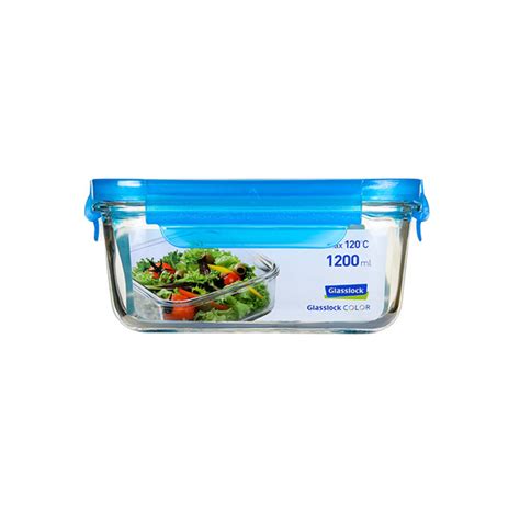 Square Food Storage Container Glass 1200ml Blue Color Glasslock Kitchenshop