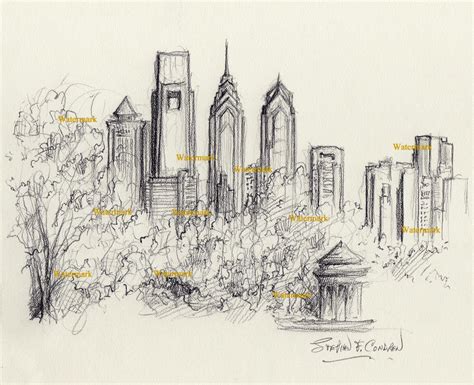 Philadelphia Skyline 038z Charcoal Drawing With Fdr Park 803