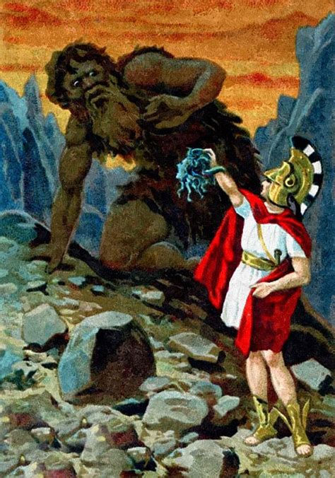 Heracles (hercules in roman mythology) and perseus. From a Liebig trade card - Perseus: Perseus, holding the ...