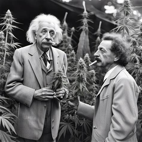 Albert Einstein And An Alien Standing On A Cannabis Farm While Smoking