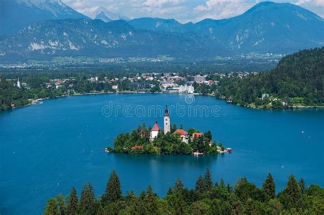 Aerial View Of Lake Bled Alps Slovenia Europe Stock Image Image Of