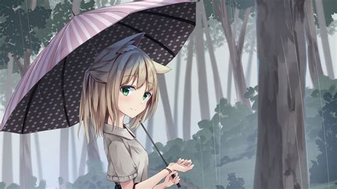 Green Eyes Anime Girl Under Umbrella Rain Background Hd Anime Girl
