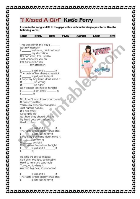 I Kissed A Girl Katie Perry Song Worksheet 2 Pages With Complete