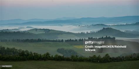Hilly Landscape With Cypresses Morning Light Crete Senesi Province Of