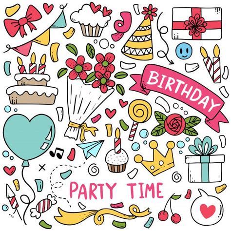 Hand Drawn Party Doodle Happy Birthday Ornaments Background Pattern Premium Vector Happy