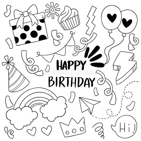 Hand Drawn Party Doodle Happy Birthday Ornaments Background Pattern Stock Vector Illustration