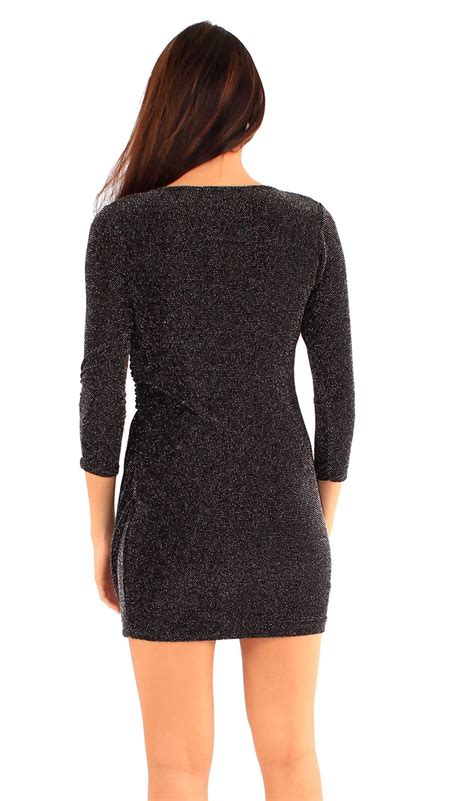 New Ladies Wrap Over Glitter ¾ Sleeve Mini Going Out Dress 8 14 Ebay