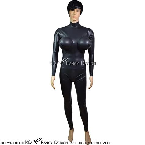 Black Sexy Latex Catsuit With Inflatable Breasts Back To Crotch Zipper Rubber Bodysuit Overall