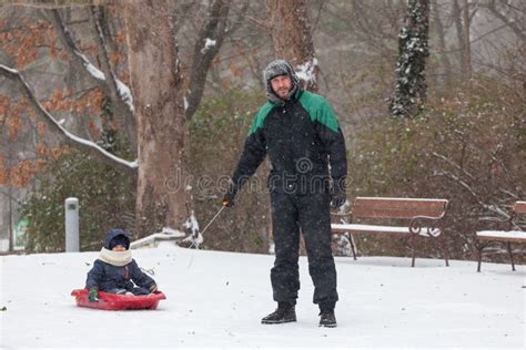 Father Pulls A Child On A Sled Father And Son Sledding At Winter Time