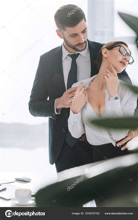 Selective Focus Businessman Hugging Sexy Secretary Big Breast Office