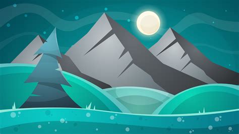 Cartoon Night Landscape Comet Moon Mountains Fir Illustration