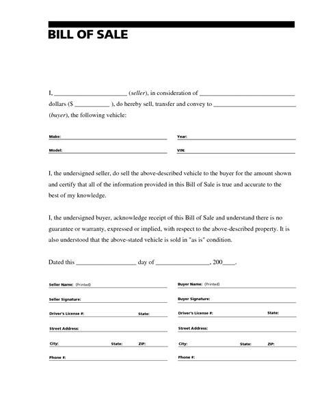 Free Printable Vehicle Bill Of Sale Template Form Generic
