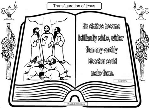 And he was transfigured before them, and his clothes became dazzling white, such as no fuller on earth could bleach them. transfiguration of Jesus-biblekids.eu