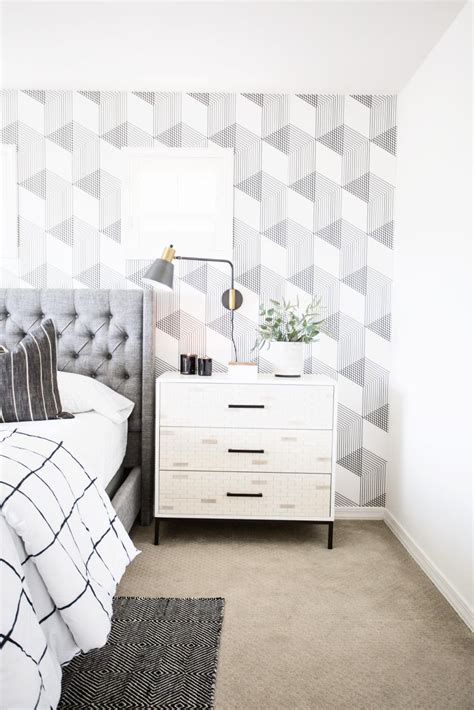 Gray Master Bedroom With Geometric Wallpaper Hgtv