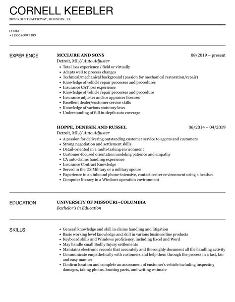 Auto Adjuster Resume Samples | Velvet Jobs