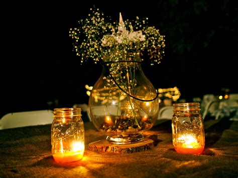 Rustic Wedding Reception Centerpiece Mason Jars Wood Lighting