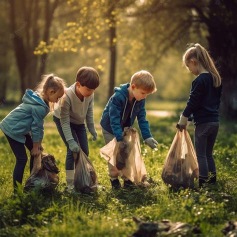 Premium Ai Image Children Picking Up Trash In A Forest