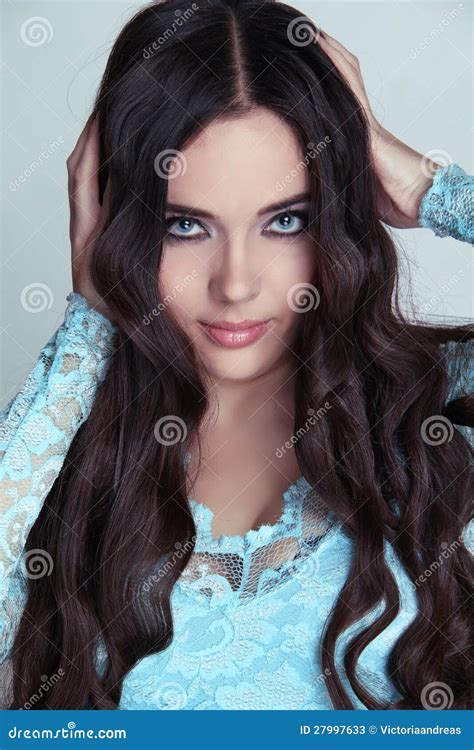 Beautiful Brunette Girl Healthy Long Curly Hair Stock Image Image Of