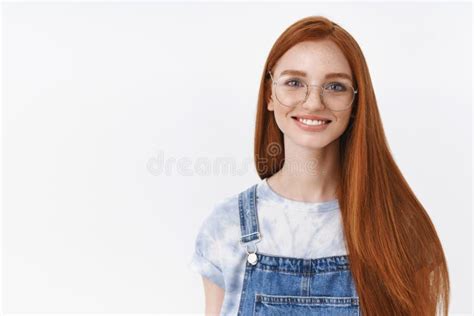 Joyful Outgoing Attractive Redhead European Girl Long Red Hairstyle Wear Glasses Smiling