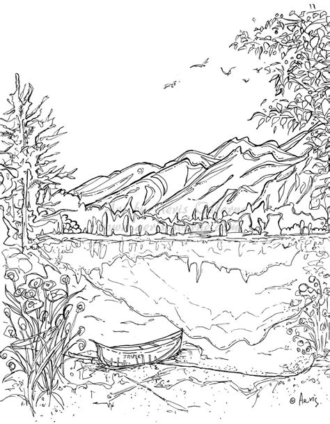 Serenity Jasper Landscape Printable Coloring Page Canoe Mountain