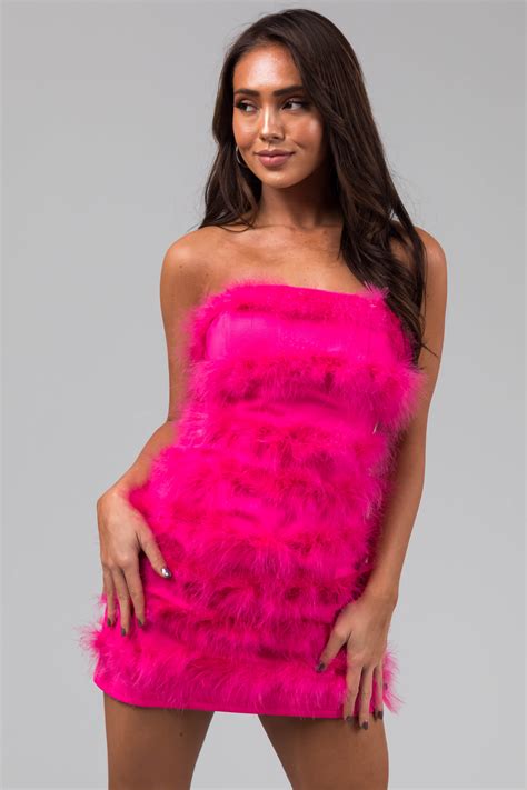 Hot Pink Faux Fur Strapless Mini Dress Lime Lush