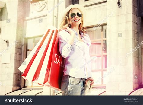 Beautiful Happy Girl Goes Shopping City Stock Photo 212047249