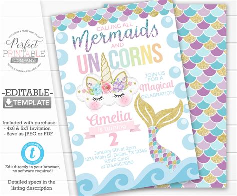 Unicorn And Mermaid Birthday Invitations