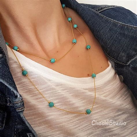 Turquoise Beaded Gold Chain Necklace December Birthstone Etsy