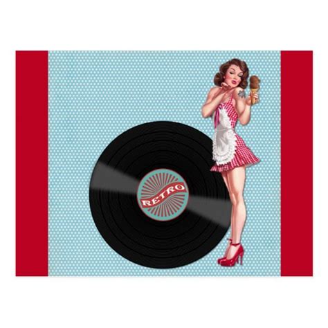 Retro Pinup Girl And A Vinyl Record Postcard