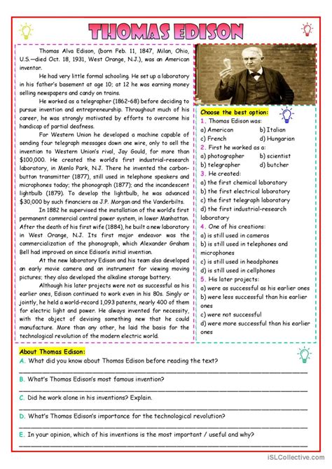 Thomas Edison Readin English Esl Worksheets Pdf And Doc