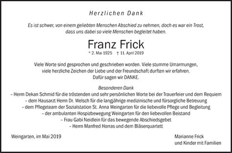 Traueranzeigen Von Franz Frick Schwaebische De Trauerportal