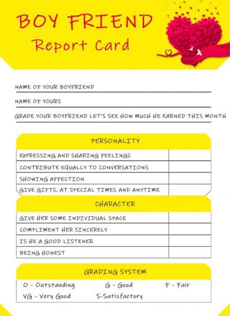 Boyfriend Reportcard Template Printable Report Card Template Report