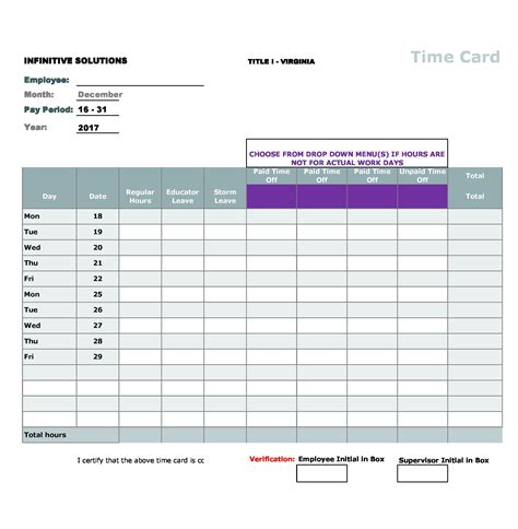 Timecard Template Printable On The Right Insert The Current Date When