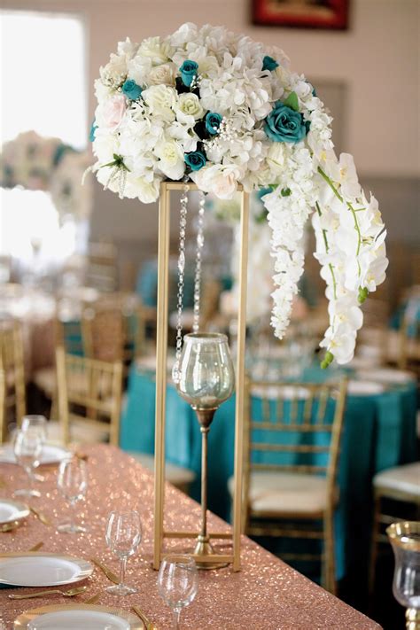 A chic collection of 7 hand painted modern brush strokes in chic mint teal and gold colors. Teal and Rose Gold | Gold wedding centerpieces, Gold wedding decorations, Teal gold wedding