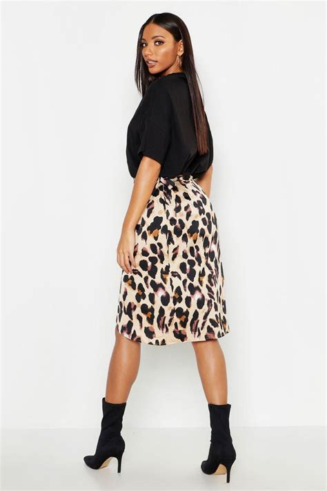 Leopard Print Satin Wrap Midi Skirt Midi Skirt Leopard Print Dress