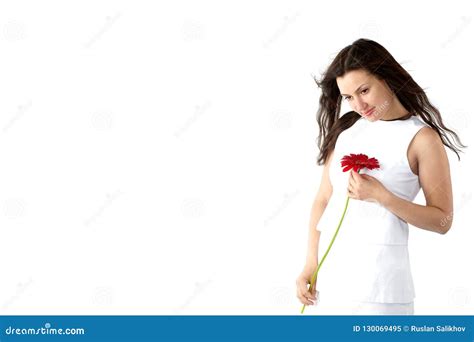 Portrait Of Attractive Young Woman In White Dress Posing With R Stock Image Image Of Gerbera