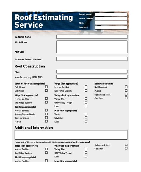 A final option for receiving roofing estimate quotes is to use the internet. Roofing Estimates Templates - FREE DOWNLOAD - Printable ...